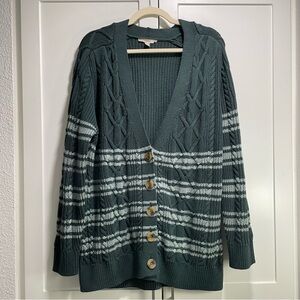 Rare Esprit Cable Knit Cardigan Dark Green Light Sage Striped Preppy Academia